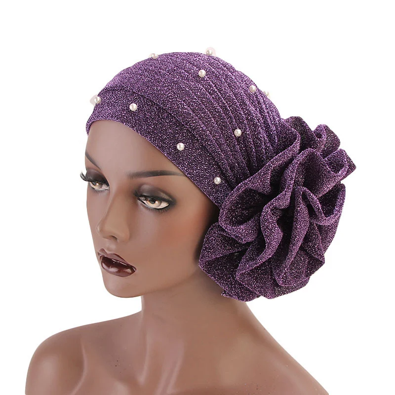 Новинка, тюрбан с большими цветами, жемчугом и блестками для женщин, мусульманская африканская индийская шляпа, шапка для волос, женские цветочные аксессуары для волос для женщин - Цвет: purple