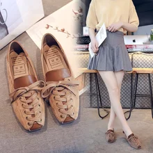 Новая женская обувь на весну и осень повседневная обувь в британском стиле с квадратным носком, на шнуровке, с закрытым носком, на мягкой подошве две бобы, S07