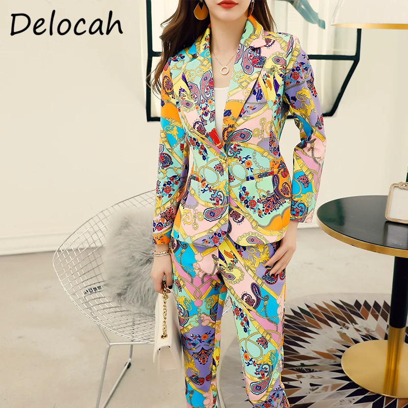 

Delocah Women Autumn Fashion Designer Pants Set Long Sleeve Loose Tops + High Waist Printed Long Pants 2 Two Pieces Suits 2020