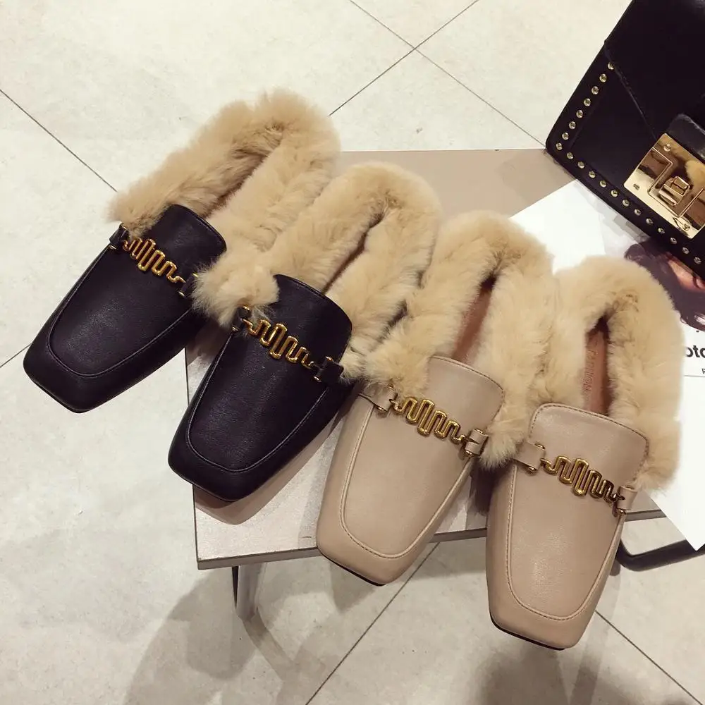 

Slippers Fur Loafers Shoes Without Heel Rivet Low Slides Square Toe Plush Flat 2019 Soft Rubber Metal Decoration Casual