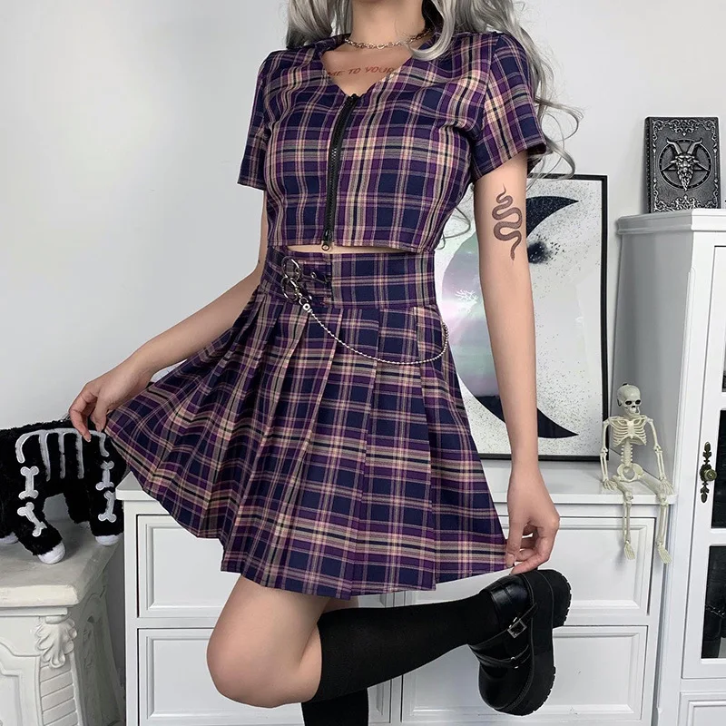 

Harajuku Colorful Plaid Pleated Skirts With Chain Streetwear Fashion Party Cosplay skirt Female Vintage High Waist Sexy Skirts