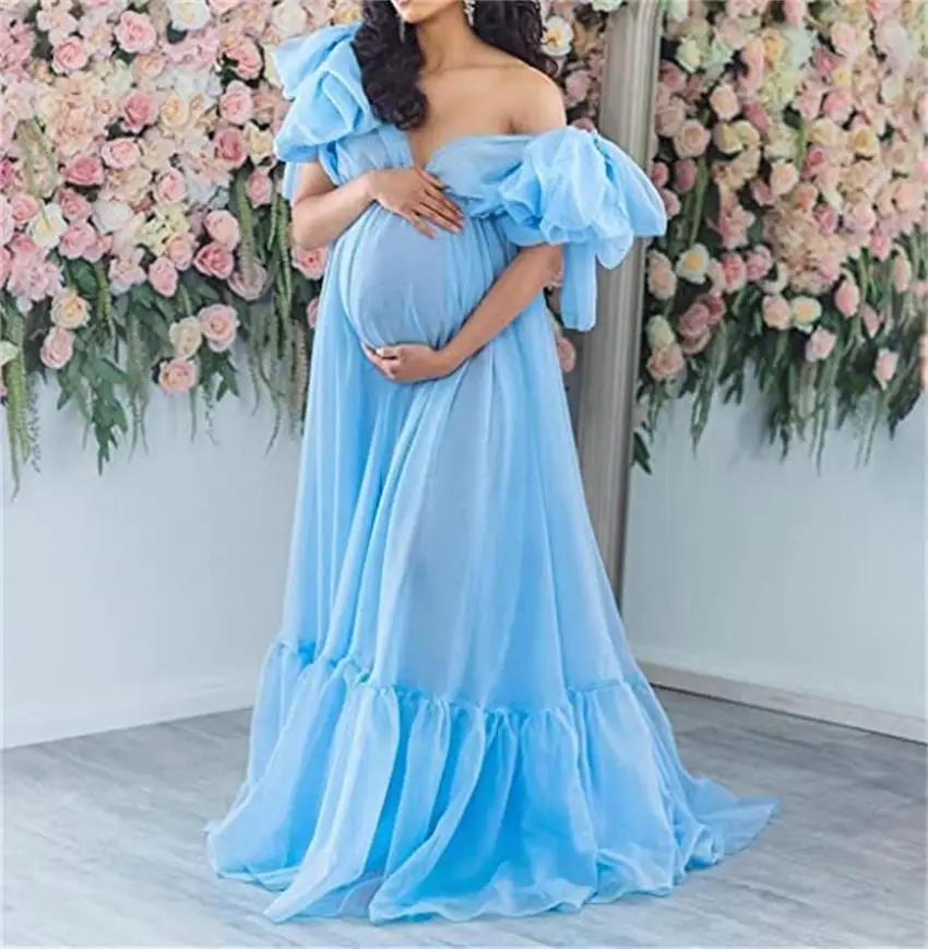 Blue Chiffon Maternity Dress for Photography Custom Made Women Long Dresses Photo Shoot Birthday Party Bathrobe Sleepwear