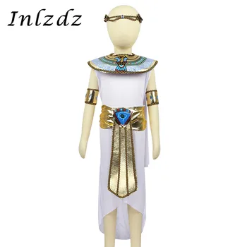 

Kids Girls Egyptian Princess Carnival Costume Outfit High-Low Hem Halloween Cosplay Dress with Headwear Neck Collar Armbands Set