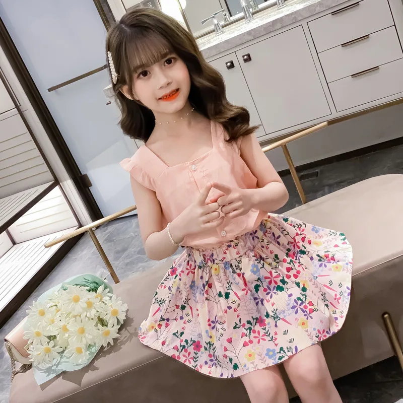 Children's Summer Suit 2021 New Casual Cute Sleeveless Top Printed Short  Skirt Two-Piece 4 6 8 10 12 Year Fashion Korean Clothes