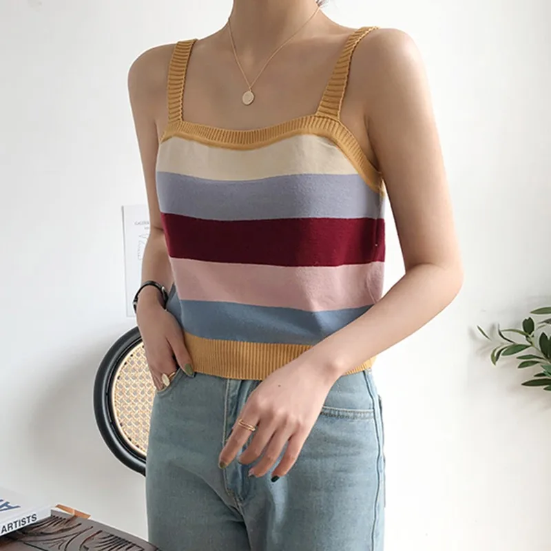 

2019 Causal Tank Top Knitted Striped Cami Tops Summer Beach Wear Sexy Sling Vest Female Fitness Sleeveless Basic Camisole Tees