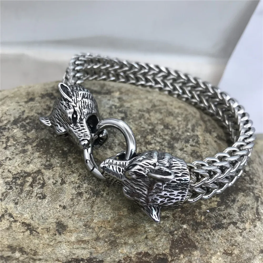Viking Wolf Charm Bracelet Men's Stainless Steel Mesh Chain Wolf Punk Rock Bracelets Biker Jewelr 4