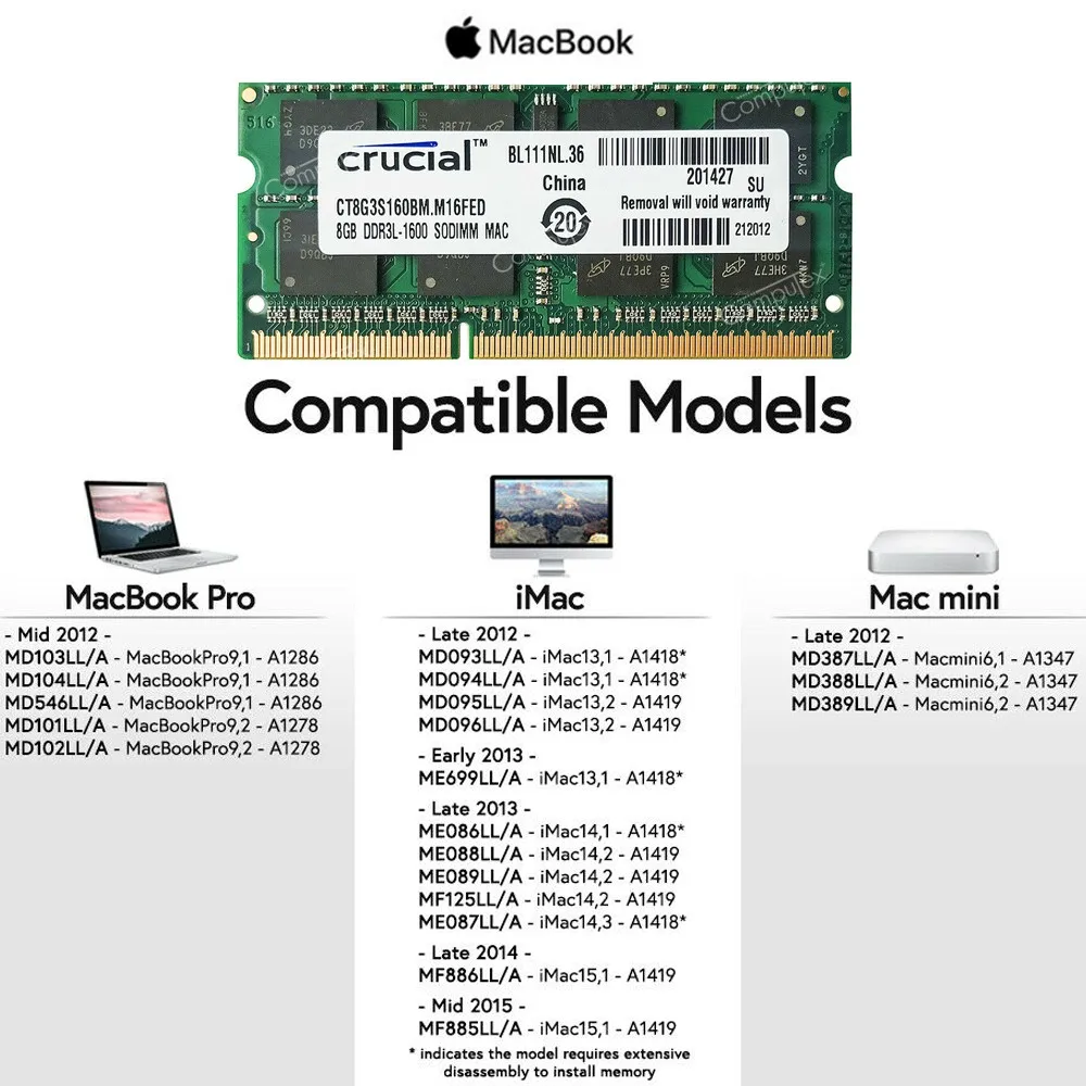 CRUCIAL DDR3 RAM 8GB PC3L-12800 DDR3L 1 35 V PC3-12800 1600MHZ для Apple IMAC Laptop sodimm оперативная память