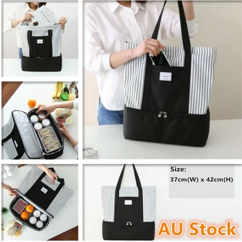 

Thermal Insulated Pouch Striped Tote Lunch Bag Portable Handbag Food Storage Dual Compartment Picnic Box Cooler Single Shoulder