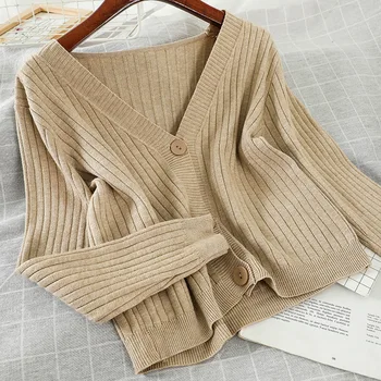

Women Short Cardigan Knitted Sweater Autumn Winter Long Sleeve V neck Thin Cardigans Casual Streetwear Fashion Pull Femme Coat