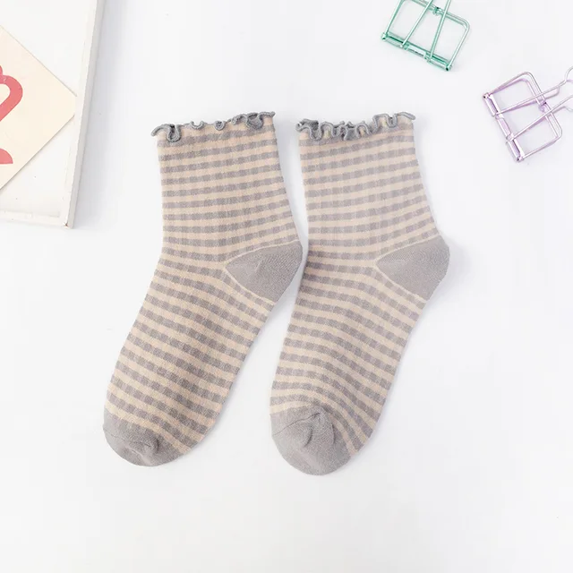 striped frilly socks woman kawaii calcetines women meias skarpetki damskie meia femme chaussettes cute chaussette sock cotton gray