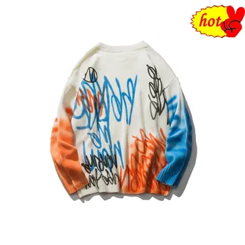 

Streetwear Hip Hop Couple Autumn Winter Sweaters Personality Hole Ripped Graffiti Long Sleeve O-Neck Loose Fit Unisex Pullovers