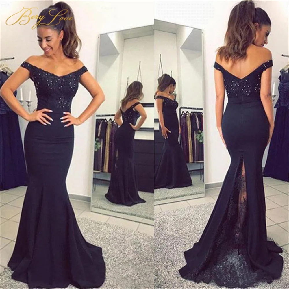 

Navy Blue Long Bridesmaid Dress 2019 Side Straps Mermaid Sexy Long Party Guest Wedding Party Gown Elastic Insert Back Lace Train