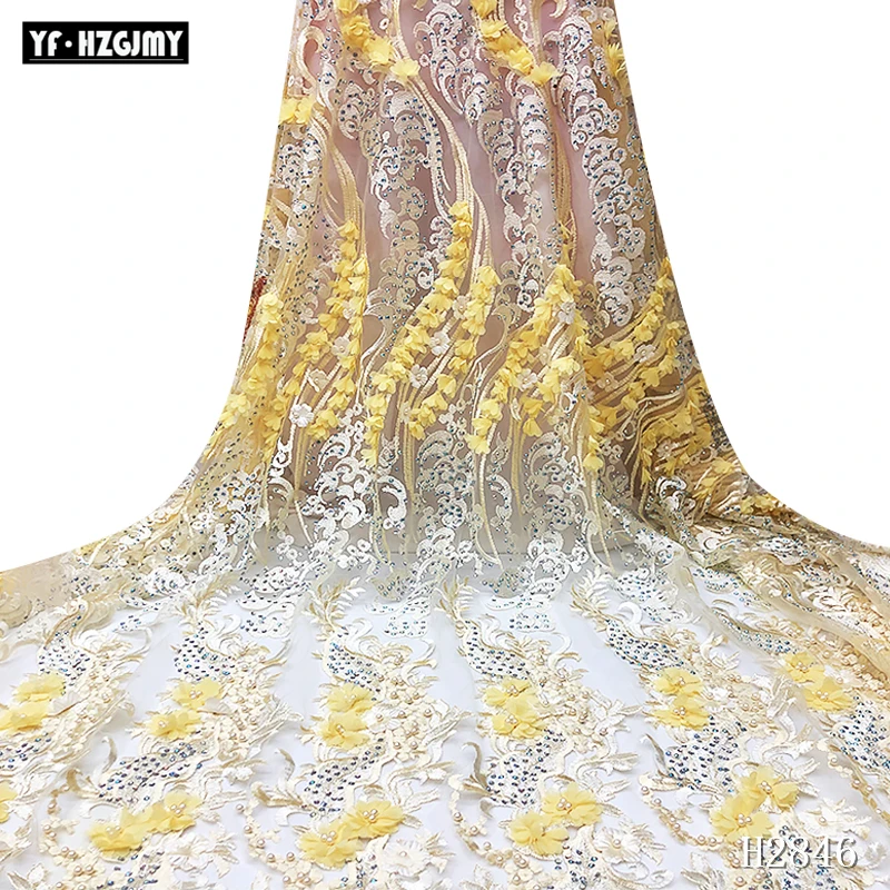 Золотые африканские 3D Цветы кружевная ткань с бисером ручной работы последние бисером тюль кружевная ткань для свадебного платья A2846