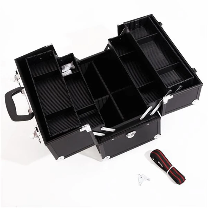 Aluminum Alloy Makeup Train Case Jewelry Box Organizer Black professional cosmetic case High-capacity makeup collection box Aluminum Alloy Makeup Train Case Jewelry Box Organizer Black professional cosmetic case High-capacity makeup collection box