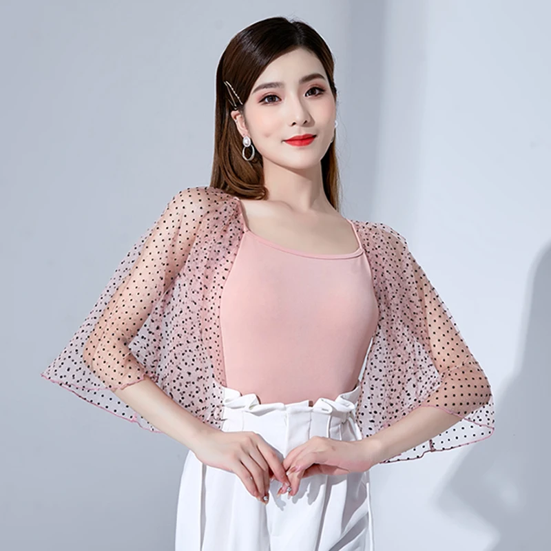 

Polka Dot Mesh Flared Sleeve Latin Dance Tops Waltz Tango Performance Stage Wear Ballroom Competition Clothes For Female YS1859