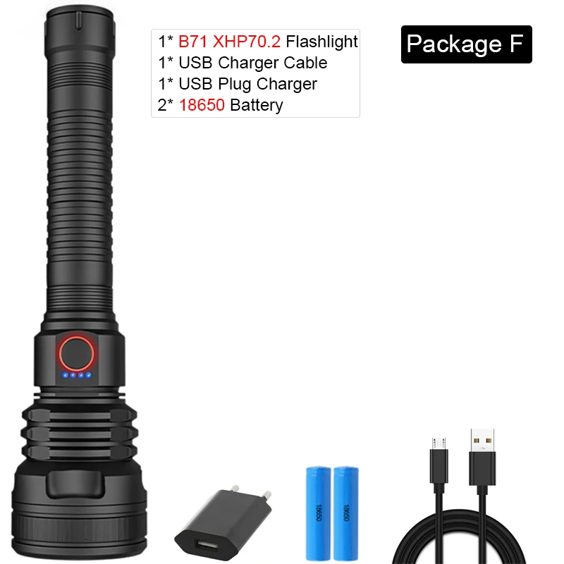 Package F Самый мощный светодиодный фонарик с зарядкой от USB, светодиодный фонарь, мощный фонарик XHP50 XHP70, водонепроницаемый фонарь, аккумулятор 26650 18650 - Испускаемый цвет: Package F