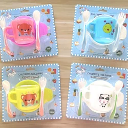 Vajilla BB para niños, juego de cuatro piezas de platos de bambú de disco, dibujos animados, juego de platos, vajilla para bebé, tazón, taza, tenedor, cuchara