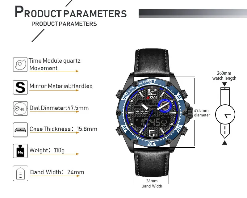 KDM мужские часы кожаный ремешок 30 м водонепроницаемый двойной дисплей кварцевые цифровые мужские наручные часы Zegarek Meski лучший бренд часы