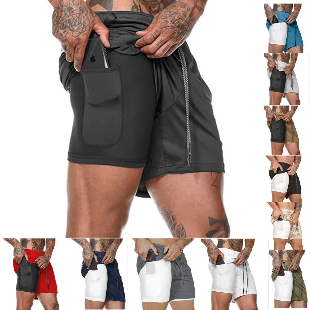 Pantalones cortos de playa de doble capa para hombre, pantalón de entrenamiento, deportivo, informal, transpirable, de 5 puntos, para verano