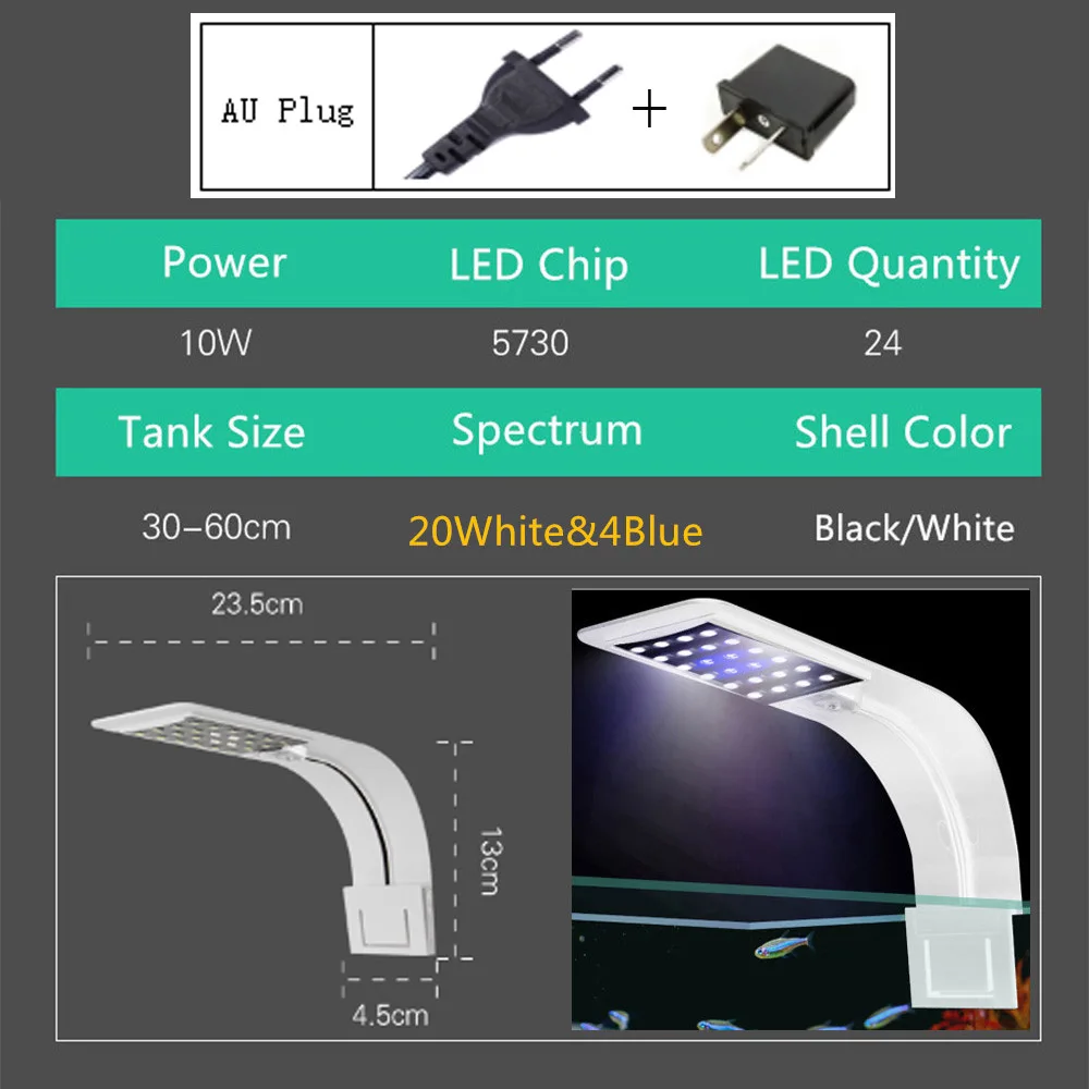 X5-W-BW 220V AU Светодиодный светильник для аквариума с вилкой EU/AU/US/UK, светильник для аквариума X5 10 Вт, лампа для выращивания растений, аквариума, лампа для пресноводного аквариума - Цвет: X5-W-BW 220V AU