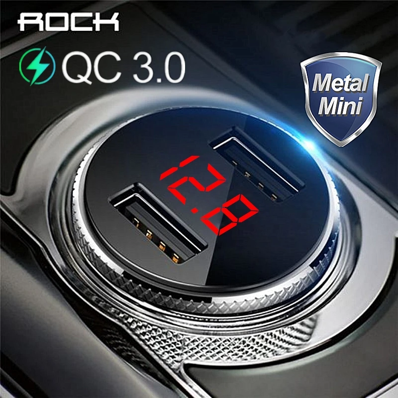 

ROCK QC 3.0 Metal Dual USB Phone Car Charger Digital Display For iPhone Xiaomi Samsung Huawei Fast Charging Voltage Monitoring