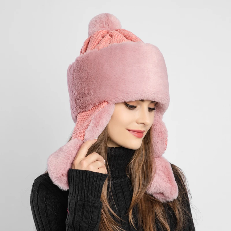 Шапка из кроличьего меха и вязания, зимняя теплая шапка для снежной погоды, женские теплые наушники, бархатная шапка для девочек, шапка принцессы, бренд, женский головной убор из плотной ткани - Цвет: Розовый