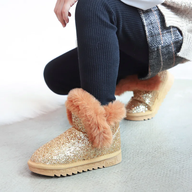 19 зимние детские модные зимние Ботинки Толстая детская хлопковая обувь теплые плюшевые ботинки с мягкой подошвой для маленьких девочек лыжные ботинки для маленьких девочек - Цвет: Золотой