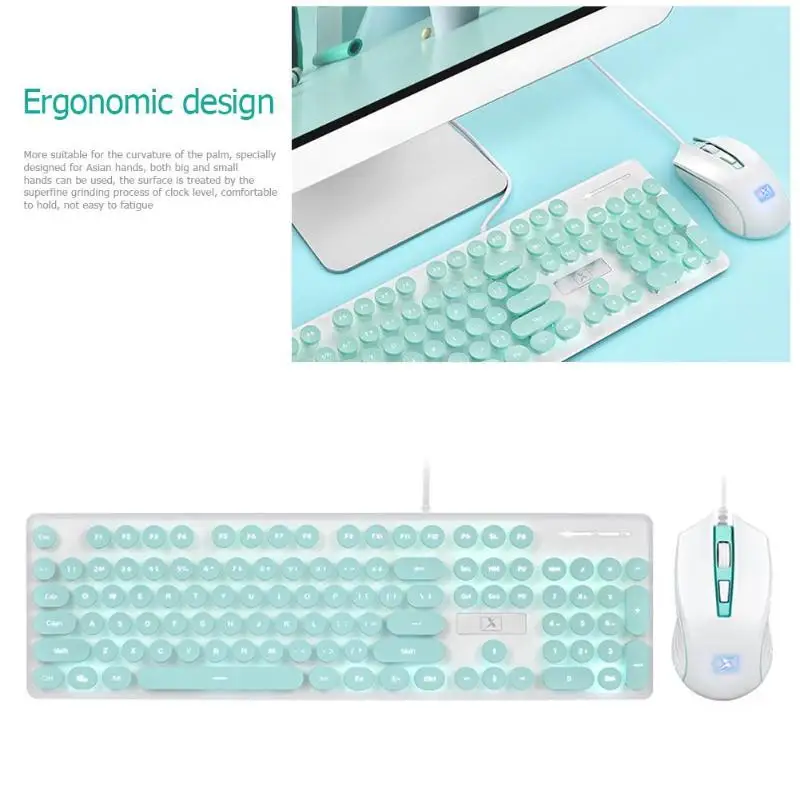 VODOOL N518 USB Wired Steampunk Retro Gaming Keyboard Mouse Set Round Keycap Backlight Gamer Keyboard Mice For Laptop Desktop PC