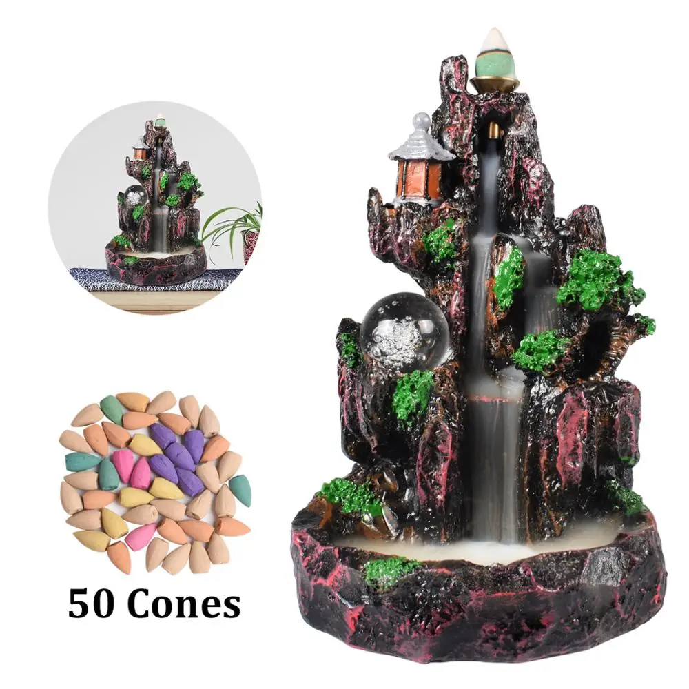 New Black Ceramic Mountain River Waterfall Smoke Backflow Incense Burner Holder