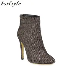 ESRFIYFE/2020 г. Новые женские ботильоны ботинки на высоком каблуке с молнией сзади Осенняя обувь черные зимние ботинки Zapatos De Mujer с острым носком