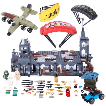 

916Pcs Small Particle Church Battle Building Blocks with Airplane Shooting Game Scene Model Parapack Supply Box