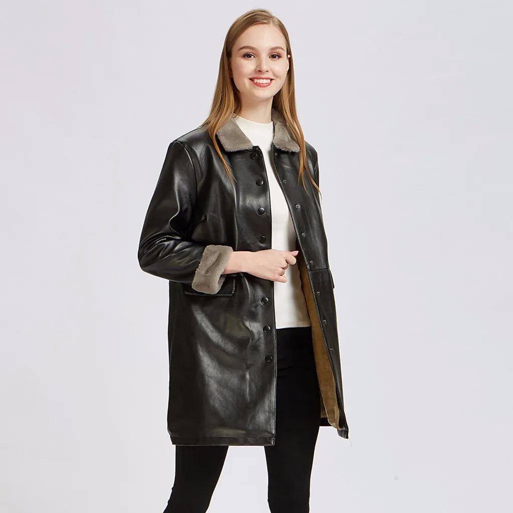 

KLV jacket куртка женская пальто Women's Autumn Winter Leather Jacket Medium Thicken Casual Leather Jacket Coat free shipping D4