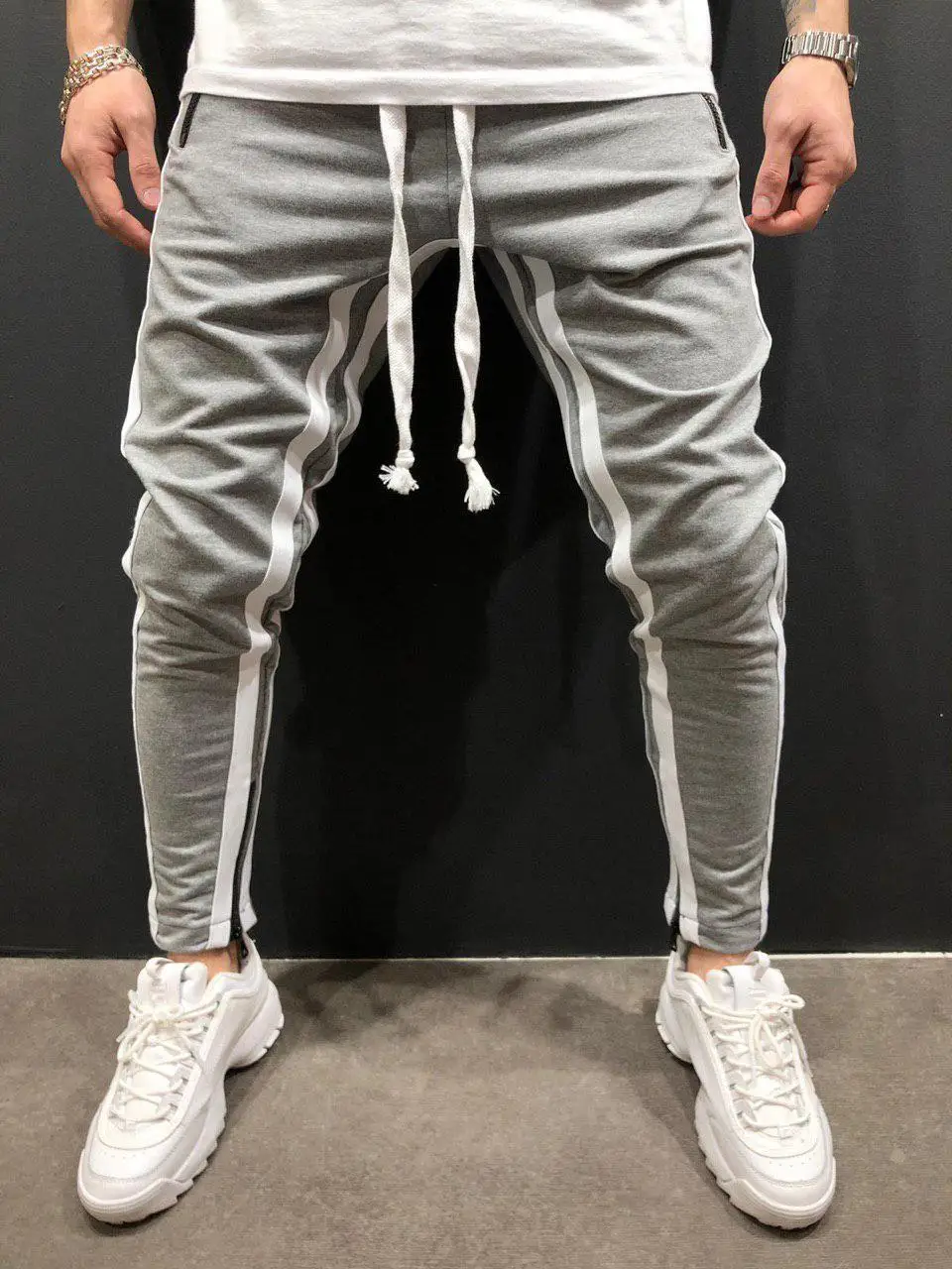 Мужские Новые повседневные штаны для пробежек с карманами на молнии в стиле хип-хоп мужские стильные хлопковые узкие брюки-карандаш в полоску