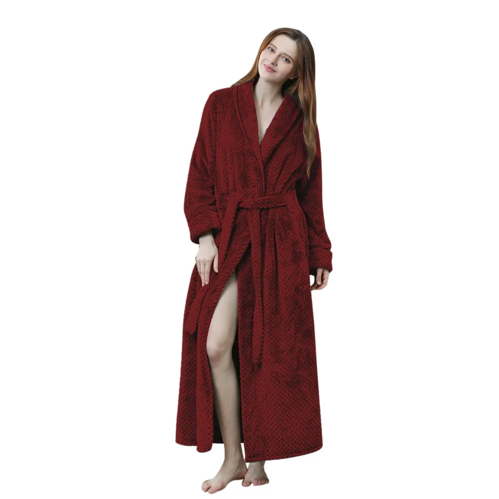 Женский однотонный плотный халат из кораллового флиса, халат, халат, пижама, пижама с карманами, Женское зимнее Коралловое кимоно из рунной шерсти, женский халат# T - Цвет: Wine
