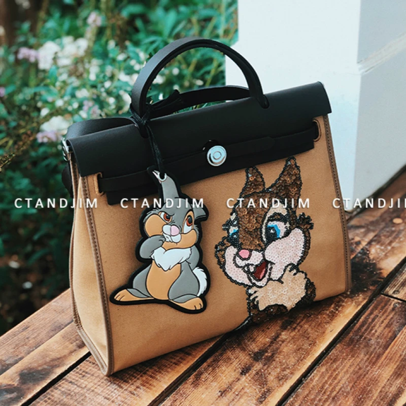 

2020 New England Style Ladies Handbags Rabbit Embroidery Sequins Vintage Cowhide Canvas Stitching Women Shoulder Bag