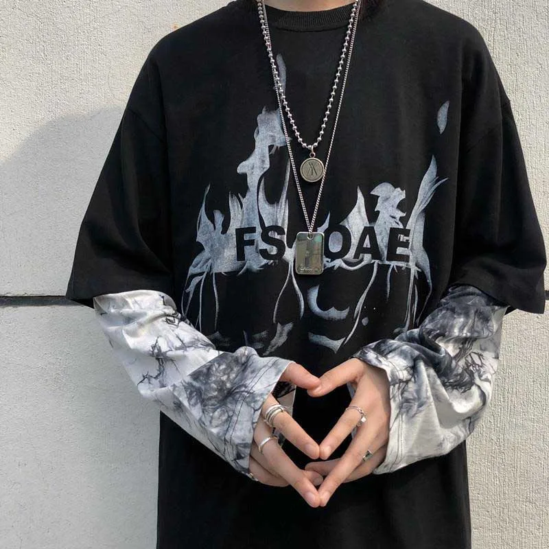

NiceMix Black Hip Hop T Shirt women Casual Autumn Tops Tee Fake Two Pieces Long Sleeve couples TShirt Fashion Japan Streetwear