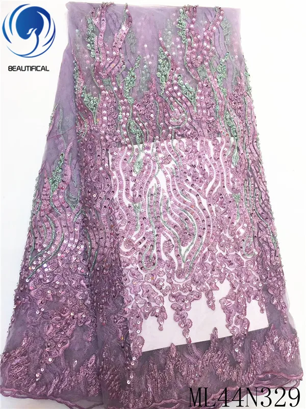 

Beautifical nigerian lace fabrics high quality embroidery sequins net lace fabric with beads french lace fabric 5yards ML44N329