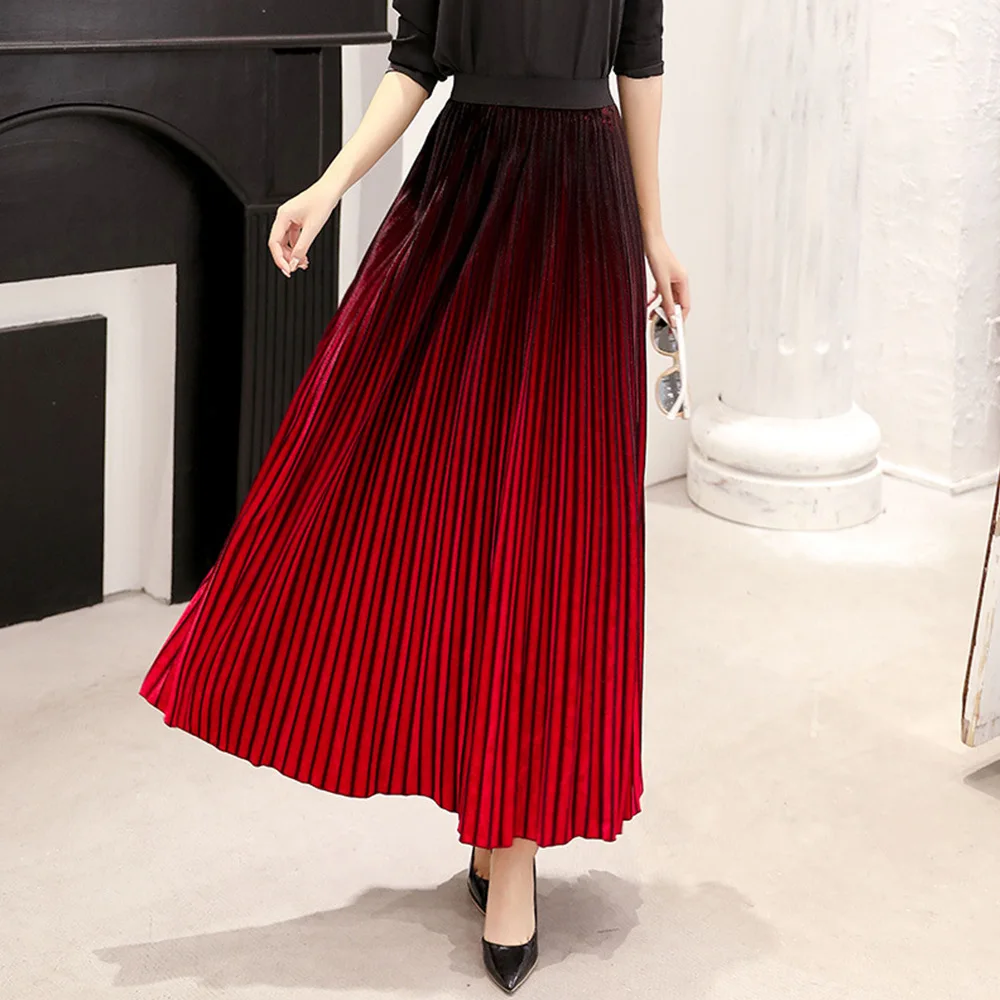 Skirt Sefamerve Kirmizi Beli Lastikli Klos Etek Degrade Siyah Kirmizi Maxi Pileli Etek Kadin Sonbahar Kis 2019 Lady Kadife Falda Aliexpress