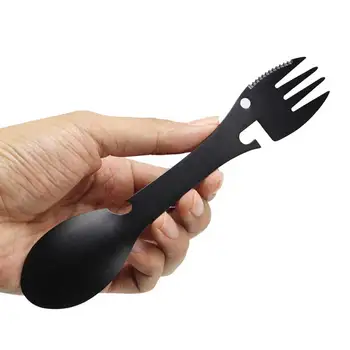 

Portable Stainless Steel 5 in 1 Spoon Fork Steak Cutter Can Opener Bottle Opener Outdoor Camping Tableware