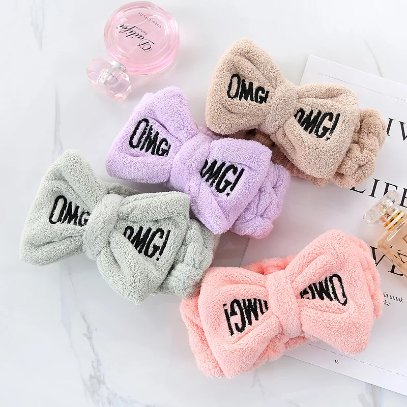 

2019 Winter Letter OMG Headbands for Women Girls Bow Wash Face Turban Makeup Elastic Hair Bands Coral Fleece Hair Accessories