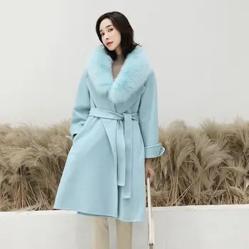 

New 2020 High Street Double Face Wool Coat Women with Removable Big Fox Fur Collar 100% Woolen Coat Women LYW199 en
