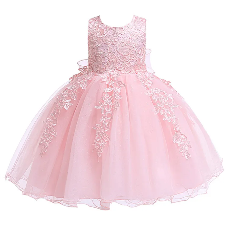 Платье для маленьких девочек; с бантом; Пышное кружевное платье; праздничное платье; Пышное Платье с бантом и лентой для волос - Цвет: pink
