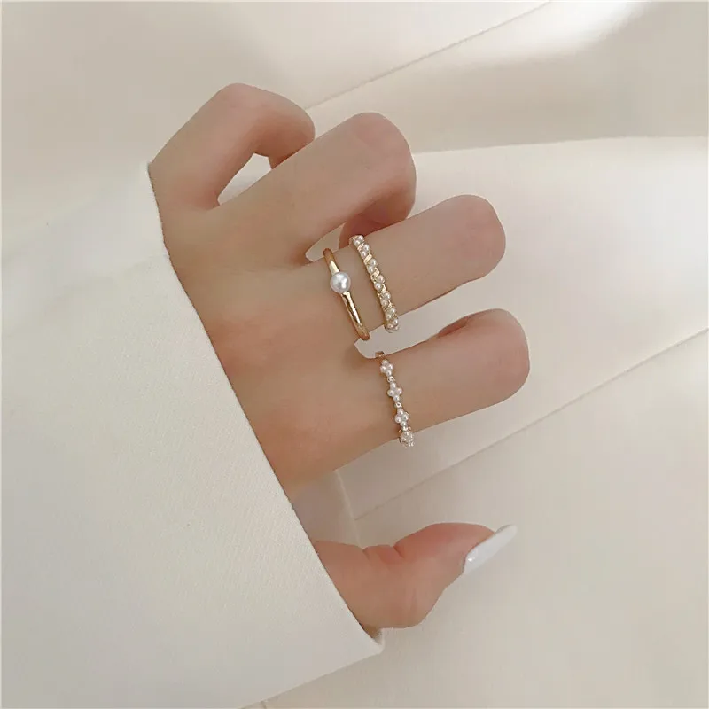

3pcs/set Fashion Rhinestone Pearls Joint Ring Set Geometric Minimalist Jewelry Metal Circular Golden Rings for Women
