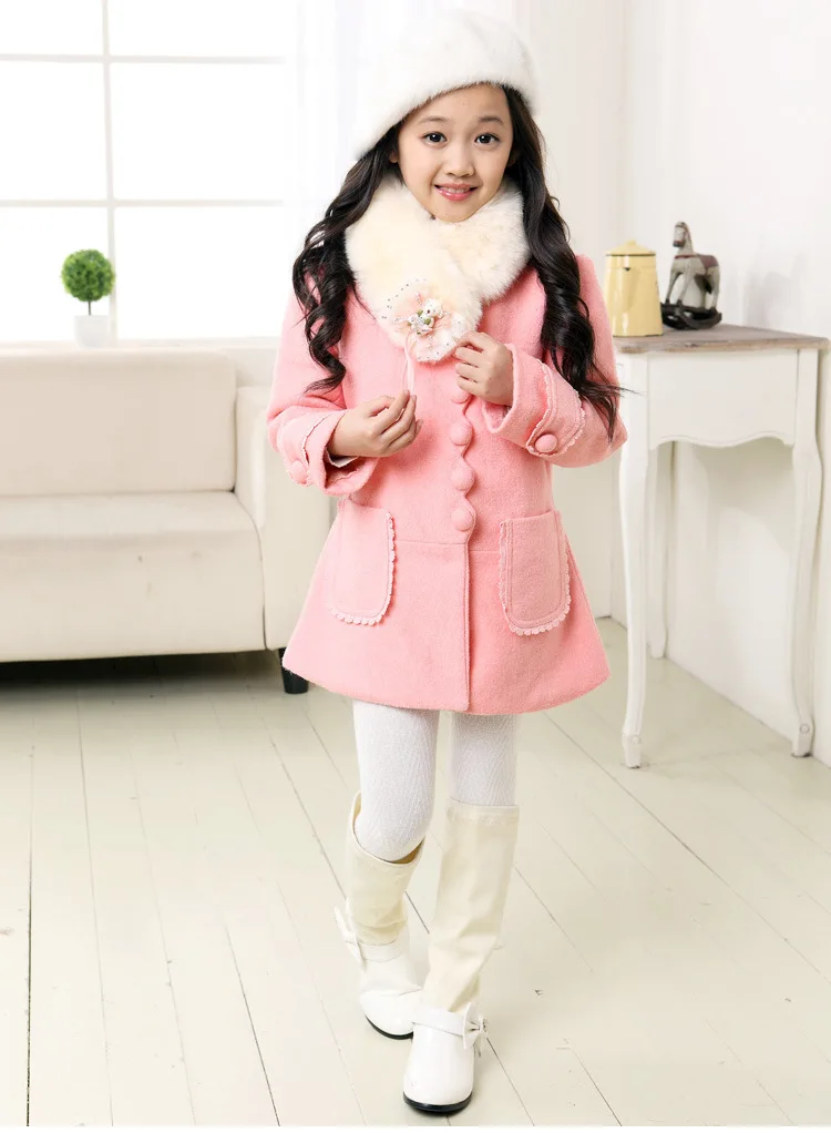 Baby Girls Autumn Winter Wool Coat Fashion Long Sleeve Soild Single-Breasted Outwear High Quality Long Toddler Girl Coats 4-15T