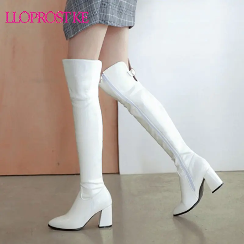 Женские сапоги на молнии Lloprost ke рыцарские высоком массивном каблуке черные белые