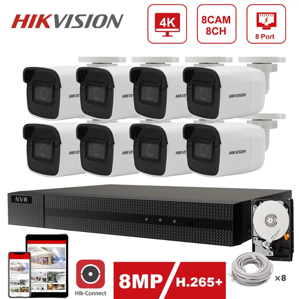 Hikvision IP Security System Kit 4K 8CH POE NVR 8pcs Hikvision 8MP IP Camera DS-2CD2085G1-I Hik-Connect Plug and Play 4mm P2P