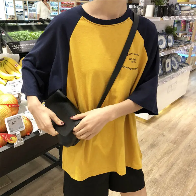 Women 5 Quarter Short Raglan Sleeve T-shirts Casual Patchwork Loose PopularO-neck Lazy Korean Style Simple Vintage584_voghion.com