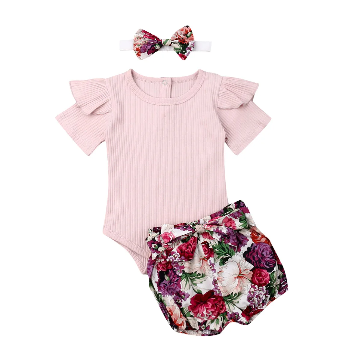 

FOCUSNORM Summer Suit Newborn Infant Baby Girl 3pcs Clothes Romper Tops+Pants+Headband For Girl Outfit Clothes Set 6-18Months