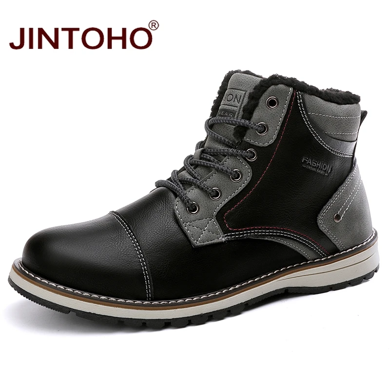 JINTOHO/высококачественные зимние ботинки для мужчин; модная мужская обувь из натуральной кожи; повседневные мужские кожаные ботинки; теплая зимняя обувь - Цвет: black