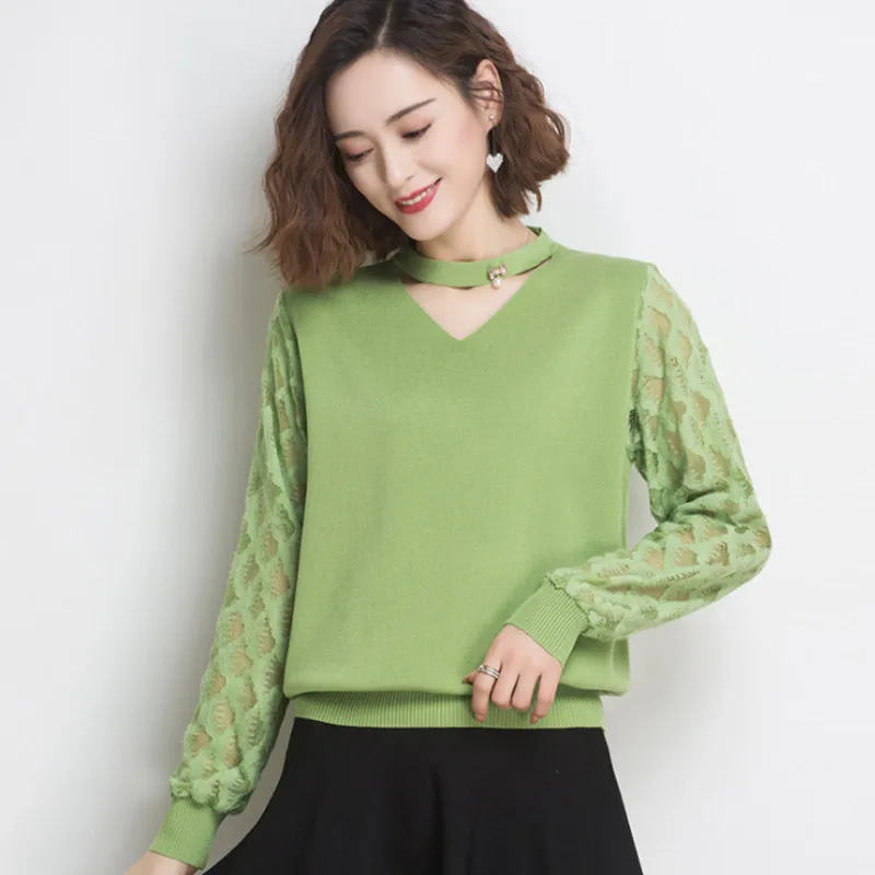 

2020 new women's V neck sweater ladies lace hollow loose bottoming shirt women's thin sweater Pearl decoration